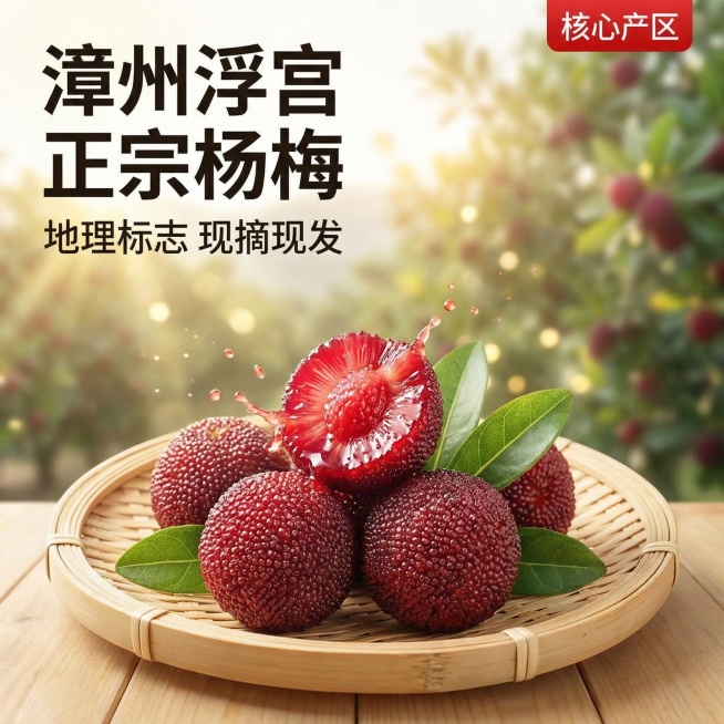 [主图 1] 首图/点击率
[主图主题] 漳州浮宫杨梅电商首图
[氛围/风格] 清新自然生鲜风，自然暖阳逆光，极致食欲感
[画面元素] 几颗饱满红紫的新鲜浮宫杨梅带绿叶放置在浅色竹编簸箕上，一颗杨梅被预览效果