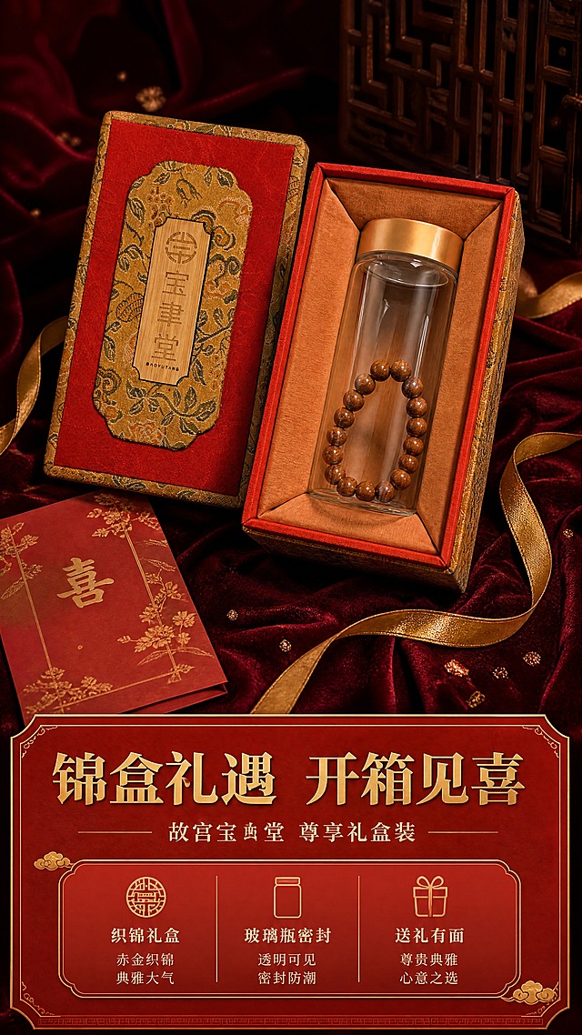 [商品] 使用【图2】外盒、【图3】内包装、【图4】玻璃瓶内珠串；保留外盒红金织锦纹样、竹制铭牌"宝聿堂"字样、红色内衬、透明玻璃瓶与金色瓶盖、瓶内珠串形态；所有包装文字与图案保留原样，增强礼盒质感与精致度。
[画面] 页面目标：开箱礼盒全套展示，凸显礼赠仪式感与包装精致度。构图：上方外盒闭合展示，中间外盒打开露出玻璃瓶内珠串，下方文字区；主体占画面70%。景别：中景。前中后景：前景打开的礼盒与玻璃瓶珠串，中景盒盖斜靠展示织锦纹样，背景深红色绒布质感，散落金色丝带与贺卡，营造开箱惊喜感。
[视觉] 套系策略：风格=东方宫廷国风商业摄影；标题字=宋体衬线粗体；正文字=简洁宋体；主色=故宫红+深棕木色；背景延展=基于故宫红做深浅渐变、暗纹祥云、金箔质感点缀；强调色=鎏金色，仅用于小面积图标、引线和装饰线条；标题色=鎏金色；正文色=米白色；组件=中式回纹边框、圆角朱红信息卡、细线引线；光影=上方暖柔光，突出礼盒织锦光泽与玻璃通透感。
[文字] 底部主标题"锦盒礼遇 开箱见喜"，副标题"故宫宝聿堂 尊享礼盒装"，下方3个卖点：「织锦礼盒」「玻璃瓶密封」「送礼有面」；文字区位于底部，不遮挡礼盒主体。
[规格] 图片比例9:16竖版，4K，避免变形、错字、文字过小、冷蓝背景、包装文字错乱、颜色改变。