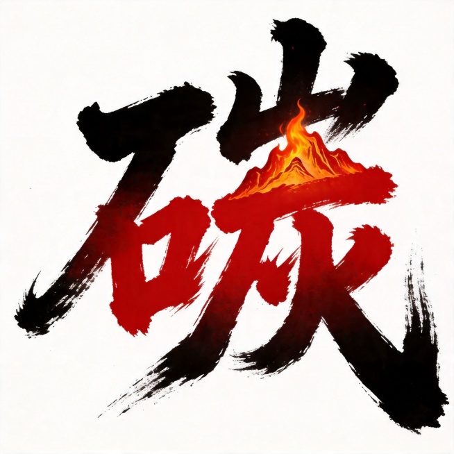 干净的纯白色背景。平面艺术字体设计，主体文字"碳"，狂草书法字体，墨色狂草墨迹效果，笔锋刚劲，线条奔放，节奏跳跃，气势磅礴，一气呵成的笔势，将碳字的山部替换为火焰山图样，自然融入字形结构，体现碳的火热预览效果