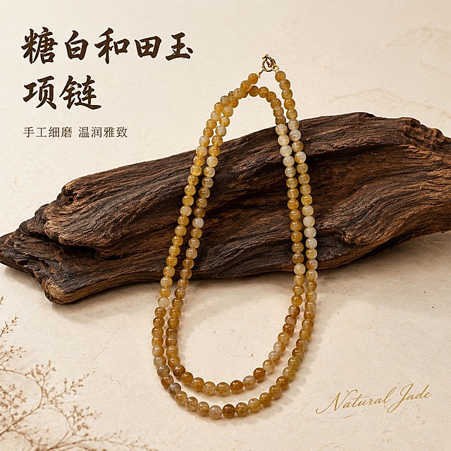 [主图-1] S925糖白和田玉项链首图，国风简约陈列展示
[氛围风格] 温润高级国风质感，简约雅致
[画质] 商业珠宝摄影质感，光线柔和通透，产品清晰真实，画面干净高级
[元素] S925糖白和田玉项链居中陈列，保持产品外观、物理结构、材质质感、颜色与输入产品图绝对一致，杜绝任何变形和色差，精细化处理。项链搭在天然沉木摆件上，背景为浅米白色宣纸质感，增加天然木纹留白，符合国风饰品调性。商品主体占比严格控制在60%-80%之间，画面满屏无边框
[光影] 柔光箱高位主光，勾勒玉石温润光泽，窄条轮廓光勾出项链整体轮廓，玉石通透有层次，金属扣头高光自然不刺眼
[配色] 主色调米白浅棕，天然木纹深棕作辅助，突出玉石糖白配色
[视角构图] 平视视角，景深适中，项链整体完整不裁切，视觉中心明确
[文字版式] 左上负空间左对齐留安全边距，大字文案写"糖白和田玉 项链"，深棕书法字体最大号粗体；下方辅助短句写"手工细磨 温润雅致"，浅棕小字。右下角加英文手写装饰"Natural Jade"，浅金色小字号装饰。文字不遮挡产品主体
[比例分辨率] 1:1 比例，2K分辨率，文字清晰锐利，超高清
[负向提示词] 变形，文字错乱，产品图模糊，背景杂乱，水印，电商平台Logo，廉价塑料感，文字压主体