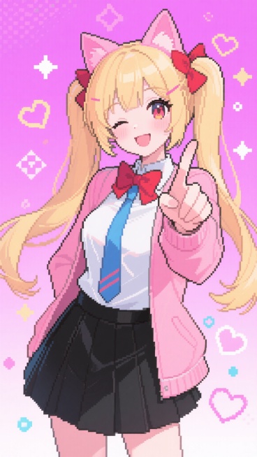 二次元动漫风格人像，金发双马尾少女，粉色猫耳，红色蝴蝶结发饰，身着白色上衣搭配粉色外套、蓝色领带及黑色短裙，右手伸出指向观者，左眼 wink，表情欢快活泼，背景为粉紫色渐变，点缀像素风格心形、星星及几何图案，整体色彩明快鲜亮，线条流畅，具有强烈的卡通动漫质感和青春活力氛围。预览效果