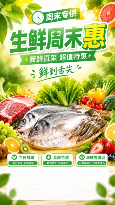 生鲜周末促销DM单海报，设计风格为写实商业摄影，促销冲击型，高饱和暖绿色调，新鲜鲜活食欲感。主标题"生鲜周末惠"，副标题"新鲜直采 超值特惠"，装饰文案"周末专供""鲜到舌尖"，卖点标签"当日鲜采""预览效果