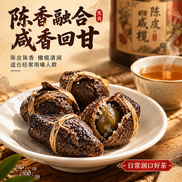 [主图-6] 咸香回甘 风味特点 细节微距图
[统一基调] 整体风格：岭南国风热食感，暖棕+米白+赭石为主色，点缀朱砂红印章元素；主标题用粗笔刷书法字，厚重有飞白；辅助文案用细黑体；背景为浅米黄带轻微宣纸纹理，自然暖光侧逆光；画面满版无边框。
[画面] 画面主体为微距特写：白瓷碟中2-3颗陈皮咸榄，其中一颗被轻轻掰开，露出内部青橄榄与盐粒结晶，陈皮表面油室纹理根根清晰，禾秆草捆绑细节真实可见；旁边放一小杯琥珀色茶汤，杯口有袅袅热气；罐装产品在背景虚化处作为品牌露出。整体突出食材质感与风味联想。主体占比约70%。
[光影质感] 自然暖阳侧逆光，陈皮表面油润有光泽，盐粒晶莹反光，茶汤通透有层次，微距摄影质感，细节锐利。
[配色] 主色深棕、赭石、琥珀色、米白；标题字深棕近黑，辅助字米白或深灰；强调色朱砂红用于风味标签。
[文字版式] 左上角主标题大字：陈香融合 咸香回甘；副标题小字：陈皮陈香 橄榄清润 适合经常用嗓人群；右下角小标签：日常润口好茶。文字放在边角负空间，不遮挡食材主体。
[输出要求] 1:1正方形，2K高清，产品清晰不变形，文字清晰可读，无错字；禁止出现平台Logo、水印、二维码、医疗功效宣称、绝对化用语；禁止画面杂乱、主体模糊。