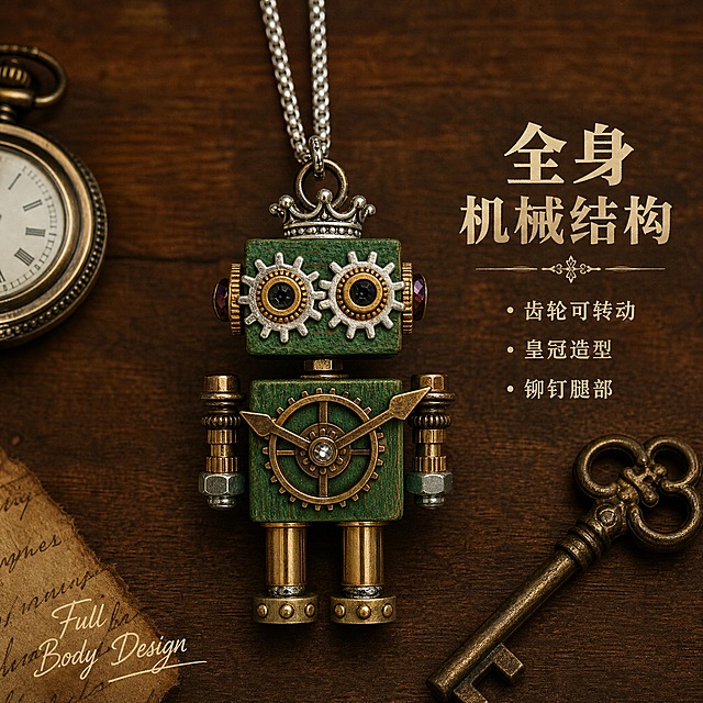 [主图-4] 蒸汽朋克木质机器人项链 细节展示 全身结构。
[统一基调] 复古工业风 小红书原生感 做旧金属质感 木质纹理清晰 暖棕调背景 手写体英文装饰 整体色调温暖复古。
[画面] 机器人吊坠全身正面展示 完整呈现从头到脚的结构 头顶小皇冠 齿轮眼睛 紫色水钻耳朵 身体正面大齿轮和指针 手臂的螺丝螺母结构 腿部铆钉造型 吊坠悬挂在银色链条上 背景是深胡桃木纹理桌面 旁边摆放复古怀表和老式钥匙 营造蒸汽朋克时代氛围 主体占画面65% 正面平视视角。
[光影质感] 顶部柔光 金属部分有均匀高光 木质纹理清晰 整体光影立体 突出机器人的机械结构感 商业摄影质感。
[配色] 背景深胡桃木色 主体绿色木质+黄铜色金属+银色链条 文字用米白色 整体深棕复古色调。
[文字版式] 画面右侧加文字 大标题 "全身机械结构" 下方分三点小字 "齿轮可转动 皇冠造型 铆钉腿部" 文字简洁 字体复古 放在右侧负空间 左下角加小号手写体英文 "Full Body Design"。
[输出要求] 1:1比例 产品完整清晰 结构分明 金属质感真实 文字清晰可读 无变形 无错字 无水印 无平台Logo。