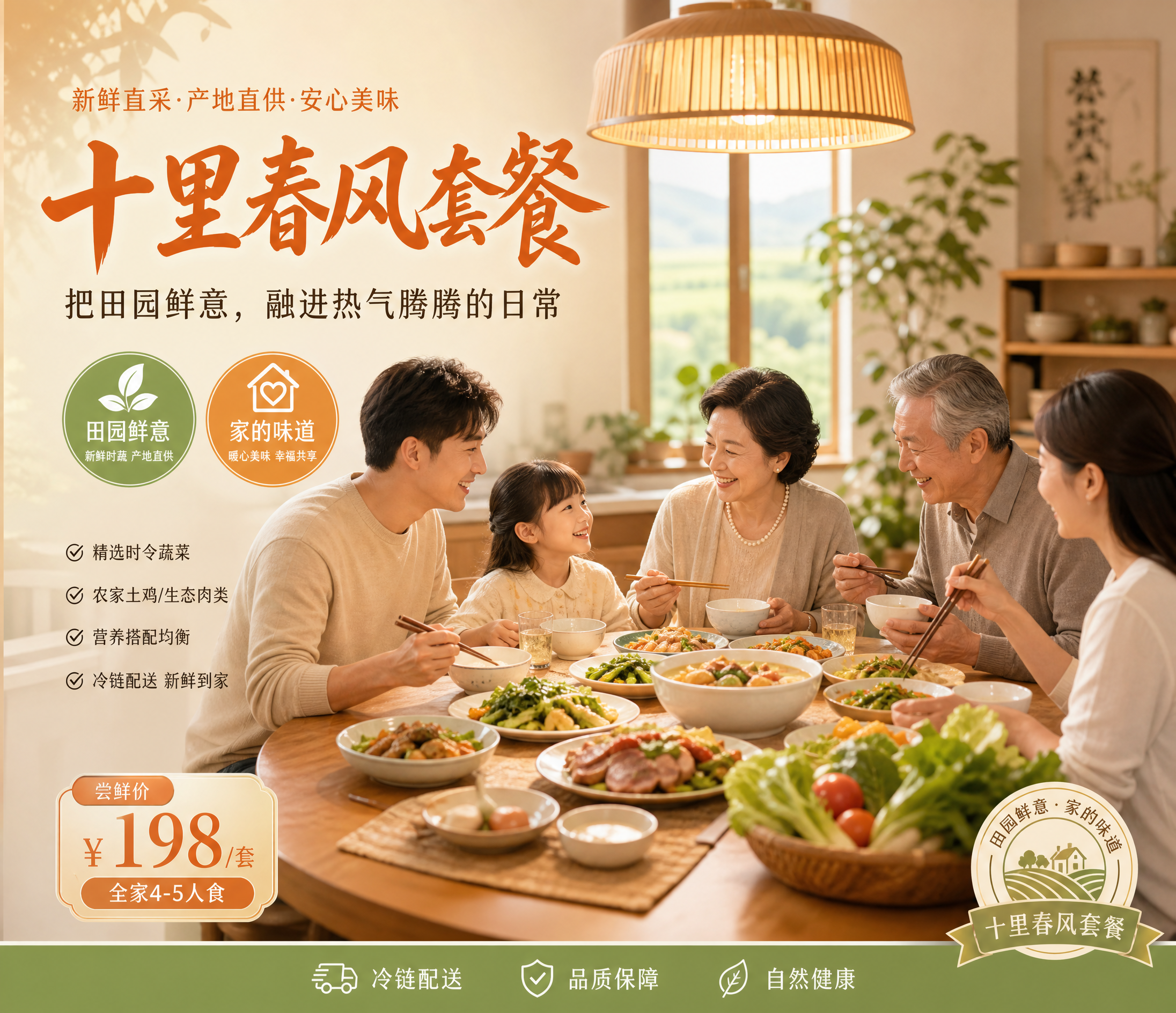 电商轮播海报，温馨一家人围坐在餐桌旁吃饭的场景，暖黄色灯光从餐… - 图片创意预览