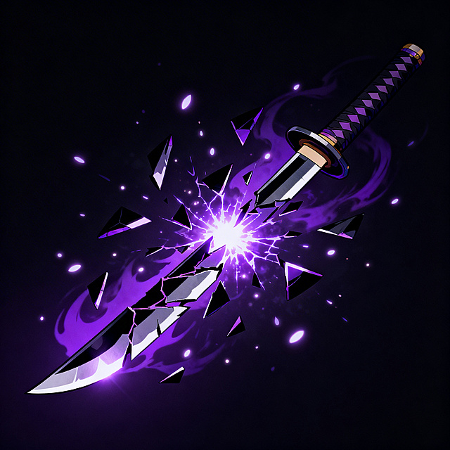 game icon, dark fantasy, anime style, high contrast, glowing effects, centered composition, no background clutter, skill icon, sharp details, broken katana floating, shattered blade fragments, spiritual energy cracks, purple and black aura, glowing particles, anime bleach style, energy explosion from blade core, dark background, dramatic lighting, no border, no frame, no UI frame, clean edges