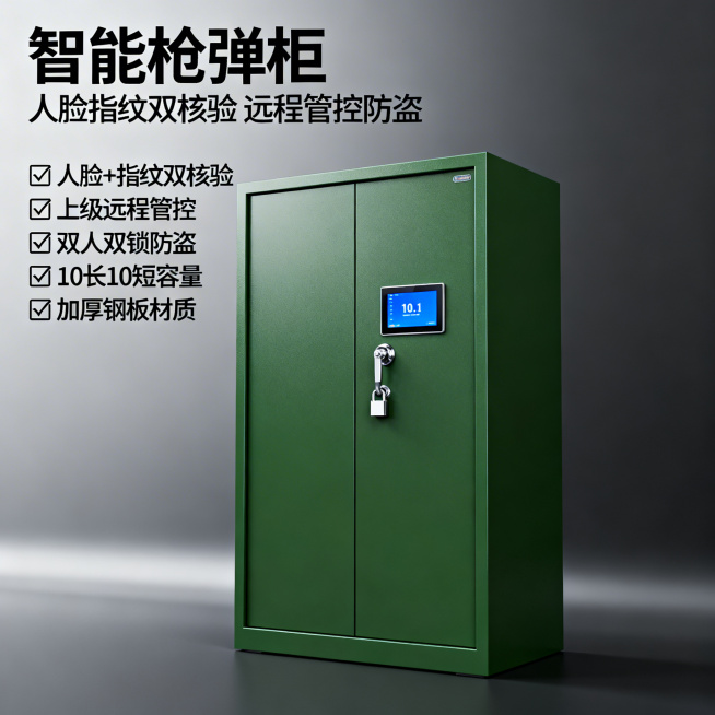 [主图主题] 智能枪弹柜产品主图
[氛围/风格] 专业工业风，军警器材，稳重专业质感
[画面元素] 绿色双开门智能枪弹柜居中展示，关闭柜门状态，正面清晰呈现10.1吋触控屏和双人双锁，产品完整不裁切，预览效果