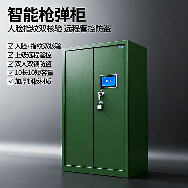 [主图主题] 智能枪弹柜产品主图
[氛围/风格] 专业工业风，军警器材，稳重专业质感
[画面元素] 绿色双开门智能枪弹柜居中展示，关闭柜门状态，正面清晰呈现10.1吋触控屏和双人双锁，产品完整不裁切，主体占画面60%，背景为简洁深灰色渐变，突出产品本身，干净专业，光影均匀硬光
[配色色系] 主色调：军绿色柜体，深灰色背景；辅助色：触控屏蓝色，银色锁具
[视角构图] 正面平视，景深适中
[文字版式] 主标题 "智能枪弹柜"，副标题 "人脸指纹双核验 远程管控防盗"，左上角主标题大号加粗黑色无衬线字体，副标题 smaller，下方标注五大核心卖点 "✅人脸+指纹双核验 ✅上级远程管控 ✅双人双锁防盗 ✅10长10短容量 ✅加厚钢板材质"，竖向左对齐排列，文字悬浮于左侧灰色背景留白处，不遮挡产品主体，字色黑色，整体构图稳重平衡
[比例分辨率] 2k 分辨率