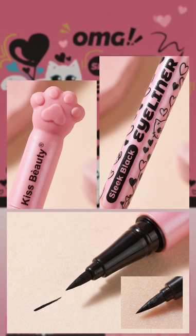 参考原图产品，生成Kiss Beauty小猫爪眼线笔的细节特写图，放大展示小猫爪按压笔头、笔尖笔头以及笔身印刷纹理细节，提升产品质感，保持粉色可爱风格，所有文字为英文预览效果