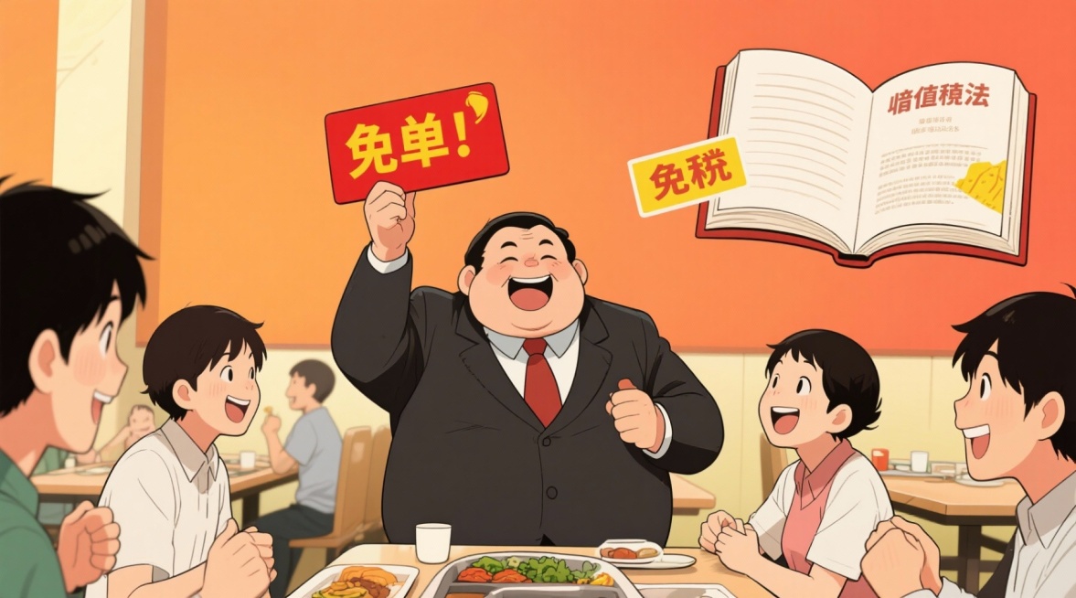 配图建议：漫画风格——老板举着“免单”牌，员工围坐食堂笑开颜，背景是“增值税法”书本上贴着“免税”贴纸）预览效果