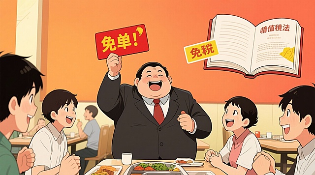 配图建议：漫画风格——老板举着“免单”牌，员工围坐食堂笑开颜，背景是“增值税法”书本上贴着“免税”贴纸）
