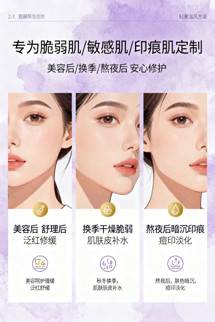 2:3竖屏，杂志级精致排版，以场景化插画展示适用肤质。主标题："专为脆弱肌/敏感肌/印痕肌定制"，副标题："美容后/换季/熬夜后 安心修护"。排版为三栏式，分别绘制三个场景：①美容后舒缓修复场景，美容预览效果
