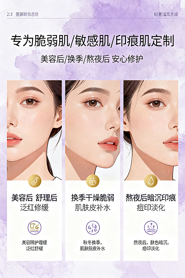 2:3竖屏，杂志级精致排版，以场景化插画展示适用肤质。主标题："专为脆弱肌/敏感肌/印痕肌定制"，副标题："美容后/换季/熬夜后 安心修护"。排版为三栏式，分别绘制三个场景：①美容后舒缓修复场景，美容院护理后，肌肤泛红舒缓；②换季干燥脆弱场景，秋冬换季，肌肤脱皮补水；③熬夜后暗沉印痕场景，熬夜后，肤色暗沉、痘印淡化，每个场景搭配小图标加短句说明，文字统一为无衬线字体，配色沿用紫加金加白，背景为柔雾质感，整体风格轻奢治愈风，突出产品温和修护、多场景适配的特点。禁止模糊、低分辨率，禁止出现产品实物、无关人物，禁止场景失真、肤质表现错误，禁止字体风格不统一、排版杂乱，禁止色彩偏离主色调，禁止画面割裂、风格不统一。