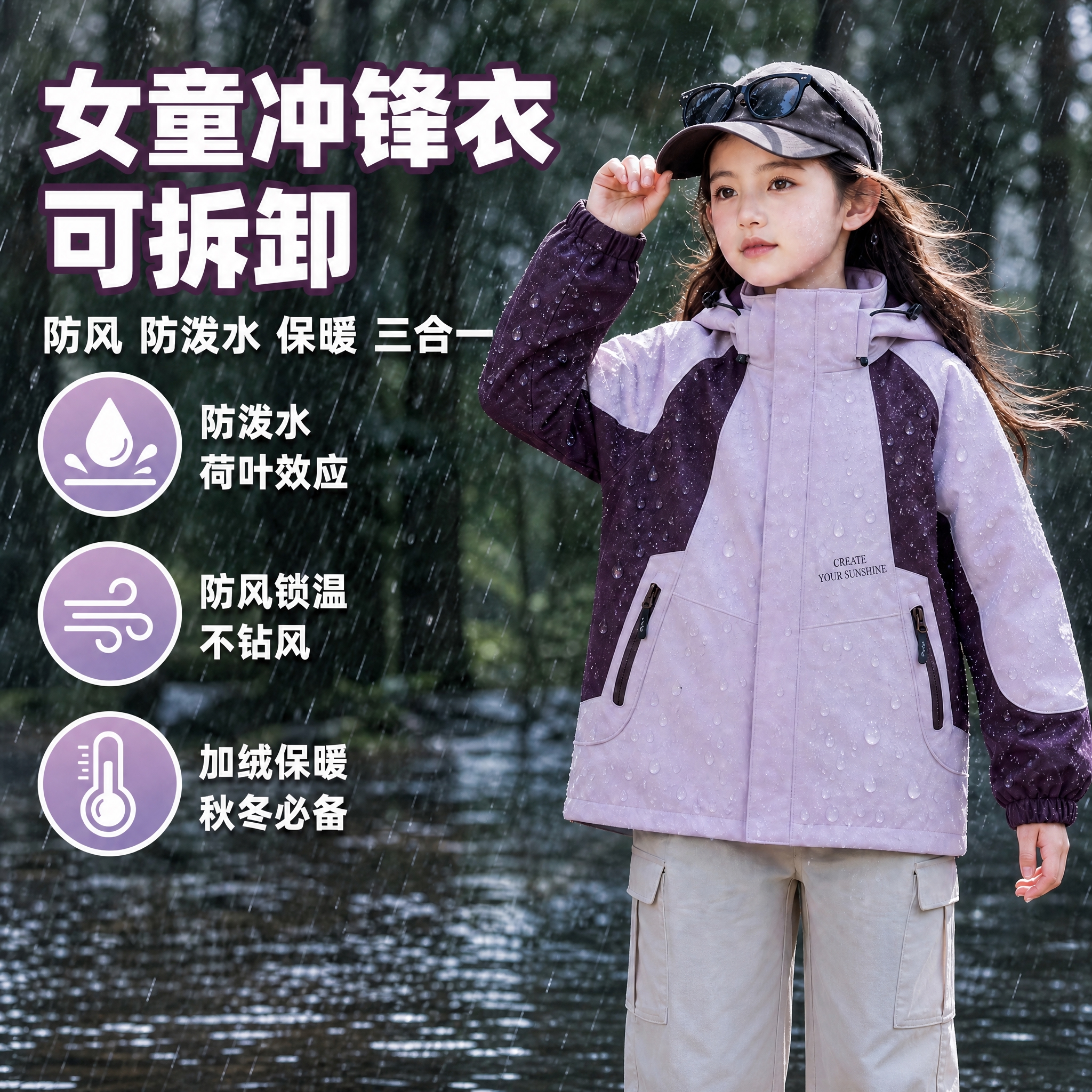 基于这张女童冲锋衣主图进行修改： 1. 将第二行大标题"雨天不… - 图片创意预览