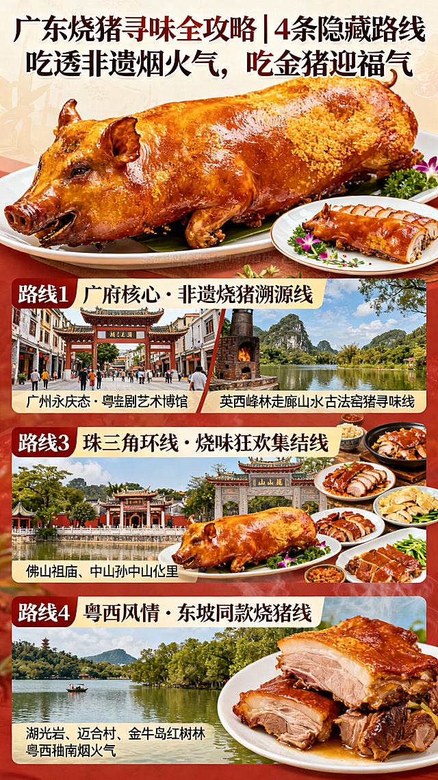 广东烧猪寻味全攻略｜4条隐藏路线吃透非遗烟火气，吃金猪迎福气
谁懂啊！在广东吃烧猪从来不是简单的解馋，是咬下脆皮下的千年烟火气，是解锁“鸿运当头”“步步高升”的福气密码🔥 整理了4条官方认证的烧猪寻味路线，从广府非遗老字号到粤北古法作坊，再到粤西东坡同款美味，每一口都是正宗老广味，还能顺路打卡宝藏文旅地，收藏这篇直接出发！

🌟 路线1：广府核心·非遗烧猪溯源线（广州）
【核心目标】打卡广州首家乳猪文化展示馆，吃外事接待级非遗烧猪
文旅打卡：永庆坊+粤剧艺术博物馆

🌟 路线2：粤北生态·古法窑猪寻味线（英德）​
【核心目标】解锁70载传承的古法窑猪，在山水间吃烟火盛宴
文旅打卡：英西峰林走廊+积庆里红茶谷

🌟 路线3：珠三角环线·烧味狂欢集结线（佛山-中山）​
【核心目标】一站式打卡烧猪延伸美味，解锁岭南美食之都的隐藏吃法
文旅打卡：佛山祖庙+中山孙中山故里旅游区

🌟 路线4：粤西风情·东坡同款烧猪线（湛江麻章）​
【核心目标】打卡苏东坡盛赞的千年美味，解锁粤西地道烧猪风情
文旅打卡：湖光岩+迈合村+金牛岛红树林



请根据上面的内容，生成旅游攻略。