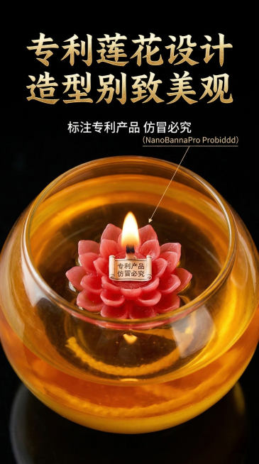 电商详情页第九页，细节展示中心红色莲花灯芯，产品保持原图样式不变，纯黑色背景，古朴国风，放大展示莲花造型细节，文字内容：“专利莲花设计 造型别致美观”金色大字标题，标注专利产品 仿冒必究，白色小字说明预览效果