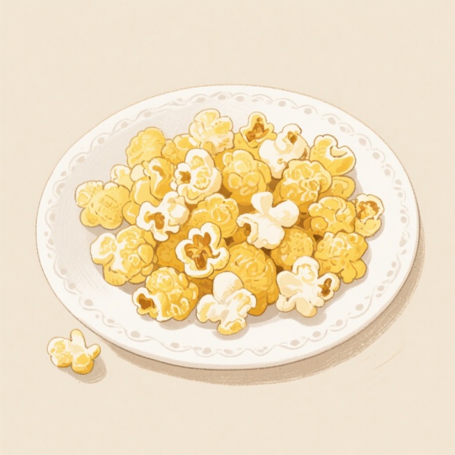 手绘风格插画，一个白色的陶瓷盘子里装满了金黄色的爆米花，爆米花颗粒饱满，有些微微爆开，盘子边缘有简单的花纹装饰，背景是浅米色，整体画面温暖可爱，充满手绘的笔触质感预览效果