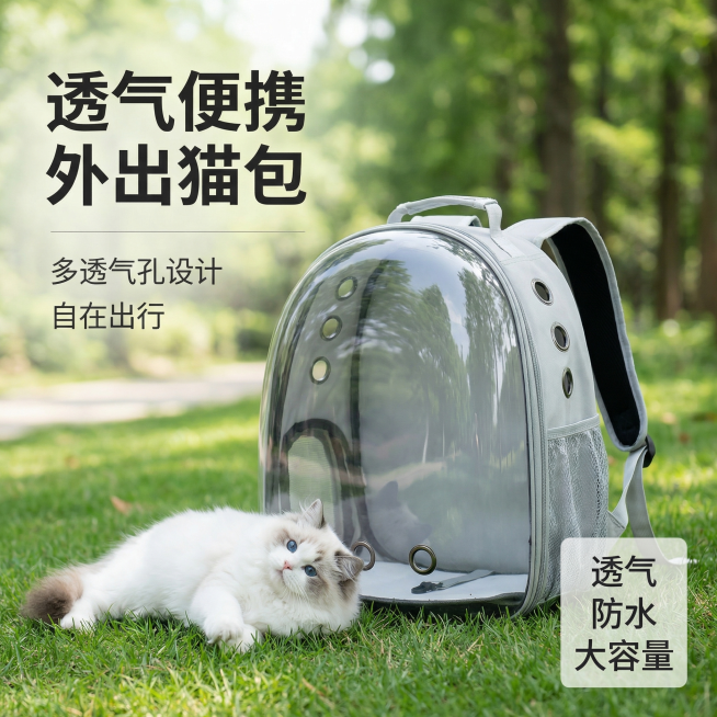[主图 1] 户外休闲场景猫包产品首图。[氛围/风格]：户外休闲风格，自然光漫射，清新自然氛围。[画面元素]：浅灰色透明猫包放置在户外草坪上，旁边布偶猫自然趴着，产品完整居中展示，背景为虚化户外公园树预览效果