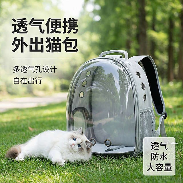 [主图 1] 户外休闲场景猫包产品首图。[氛围/风格]：户外休闲风格，自然光漫射，清新自然氛围。[画面元素]：浅灰色透明猫包放置在户外草坪上，旁边布偶猫自然趴着，产品完整居中展示，背景为虚化户外公园树林，干净不杂乱，整体无边框大图满铺。产品外观保持与原图一致。[配色色系]：主色调浅灰色，辅助绿色自然场景色，整体清新干净。[视角构图]：平视45度角，景深适中，焦点清晰在猫包上。[文字版式]：主标题“透气便携 外出猫包” 副标题“多透气孔设计 自在出行”，左上角留白放置文案，主标题粗体深色，副标题小一号浅灰色，右下角浅灰色半透明底框标注核心卖点“透气 防水 大容量”，文字不遮挡主体，对比清晰易读。[比例分辨率]：1:1 比例，2k分辨率