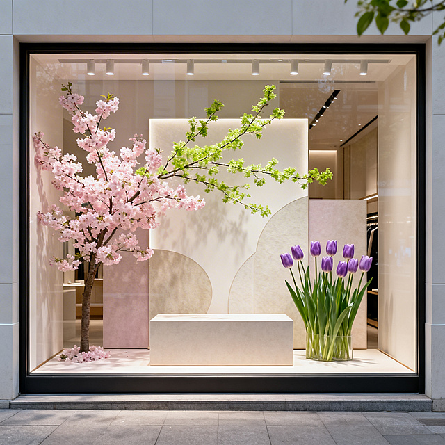 正视角拍摄，充满春天氛围的商业橱窗设计，橱窗内装饰着粉色樱花、嫩绿枝条和淡紫色郁金香，搭配浅色系装饰背板和展示台，光线明亮柔和，整体清新自然充满春日生机，店铺外立面干净简约