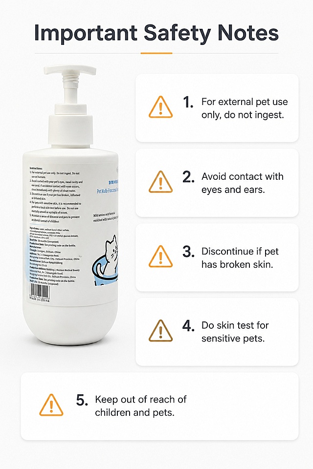 [第7屏] Safety Precautions - Important notes for safe usage. This screen uses [image7] as the product back reference.  
[氛围/风格] Professional caution style, light clean background, clear information.  
[元素布局] Product placed in the upper left corner, accounting for about 30% of the screen; right side and bottom are five precautions listed in card style, each card one note; product back information consistent with original image.  
[光影质感] Even soft lighting, product and card clear transition, moderate contrast, comfortable reading.  
[配色色系] Global background color #f8f9fa; card background white, text dark gray; warning icons light orange.  
[视角构图] Left product right information, side by side composition, clear level.  
[文字版式] Main title at the top: Important Safety Notes, five precautions: 1. For external pet use only, do not ingest; 2. Avoid contact with eyes and ears; 3. Discontinue if pet has broken skin; 4. Do skin test for sensitive pets; 5. Keep out of reach of children and pets; small warning icon before each note, clear and eye-catching.  
[比例分辨率] 9:16 vertical ratio, 4K resolution, clear readable text, high definition quality.  
[负向提示词] Text confusion, product deformation, wrong information, Chinese characters, garbled text.