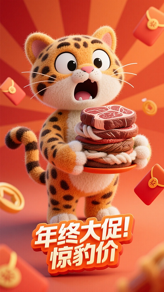 一只卡通豹子惊讶表情，拿着垒起来的一堆牛排，促销感橙红背景，放射线、红包元素点缀，画面下方3D文字标签“年终大促 惊豹价”。