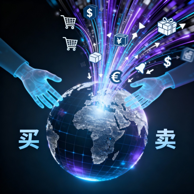 一只发光的全球网络地球仪悬于中央，无数流光溢彩的数据流（内含商品图标、货币符号、物流线条）从中迸发，连接着象征“买”与“卖”的虚拟手。预览效果