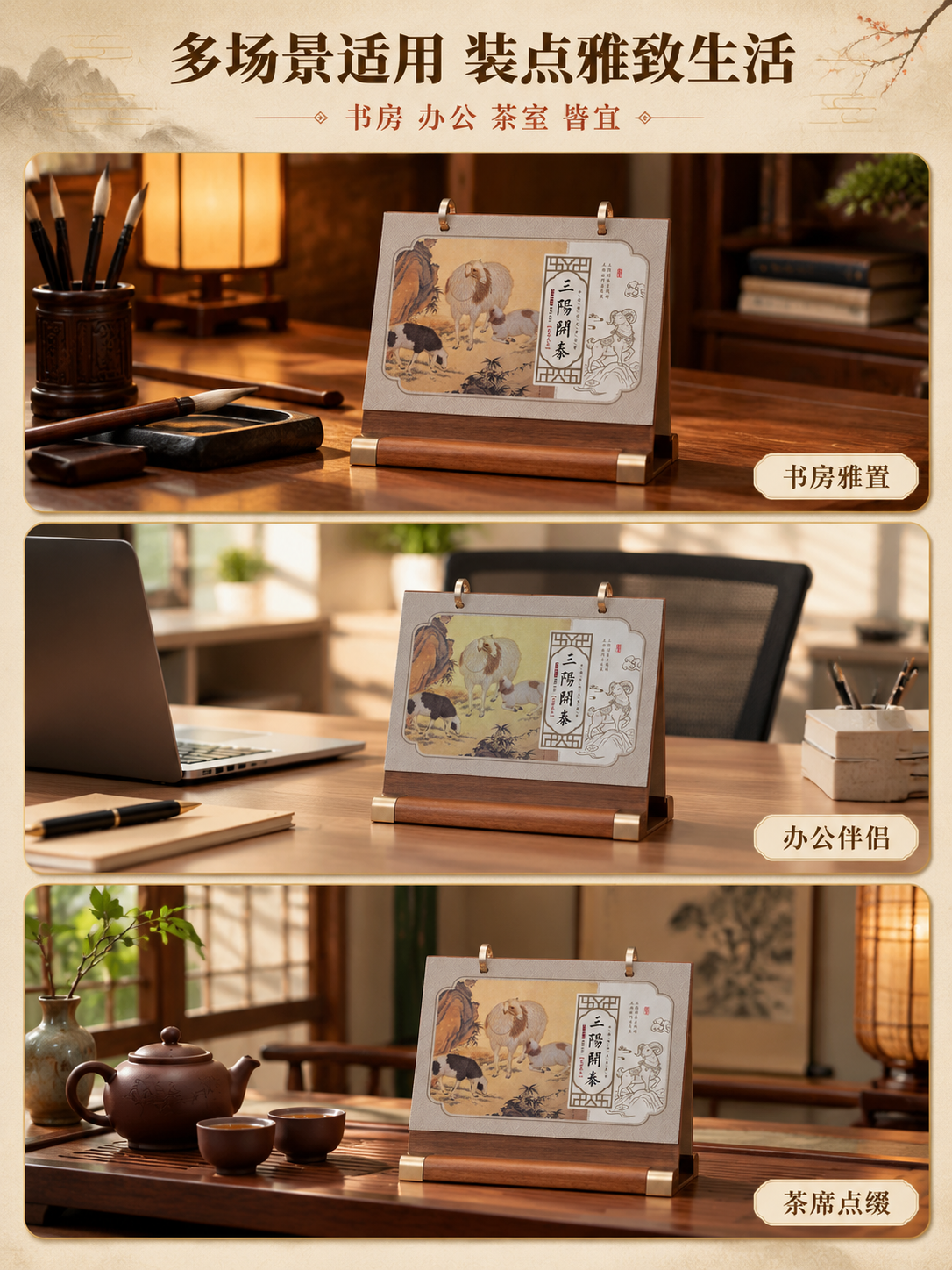 [商品] 使用【图1】三阳开泰国风台历；保留三羊开泰图案、实木… - 图片创意预览