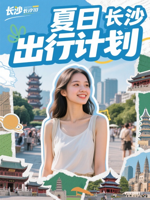 超大标题居中“夏日出行计划“，一个漂亮的女生在长沙旅游打卡，背景是长沙旅游名胜，写实人像，人像周围有描边，周围有景点元素点缀，拼贴风预览效果