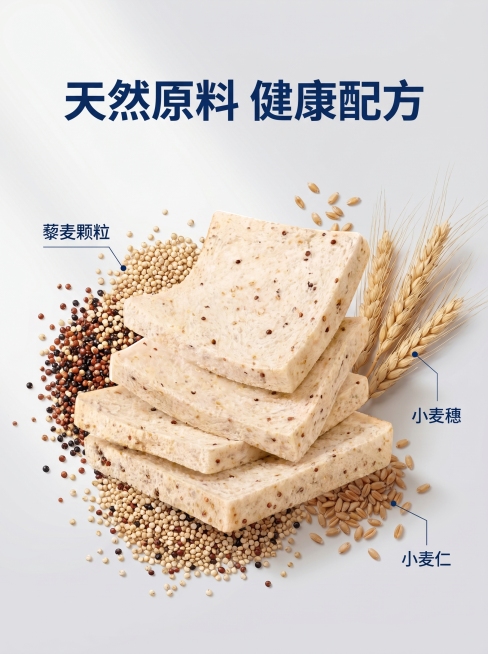 [主图-3] 豪士藜麦吐司产品成分展示图。氛围风格：自然健康清新食品风；画质：商业摄影质感、光线柔和通透、产品清晰真实、画面干净高级；元素：藜麦吐司面包切片放在中心，周围摆放真实藜麦麦粒、小麦穗等天然预览效果