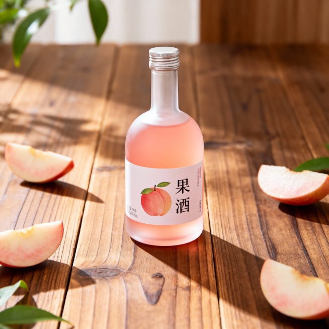 一瓶精致的果酒，瓶身晶莹剔透，里面装着淡粉色的液体，瓶身上有简约的标签，标签上有水果图案和“果酒”字样，背景是木质桌面，桌面上散落着几片新鲜的水果切片，光线柔和温暖，营造出清新自然的氛围预览效果