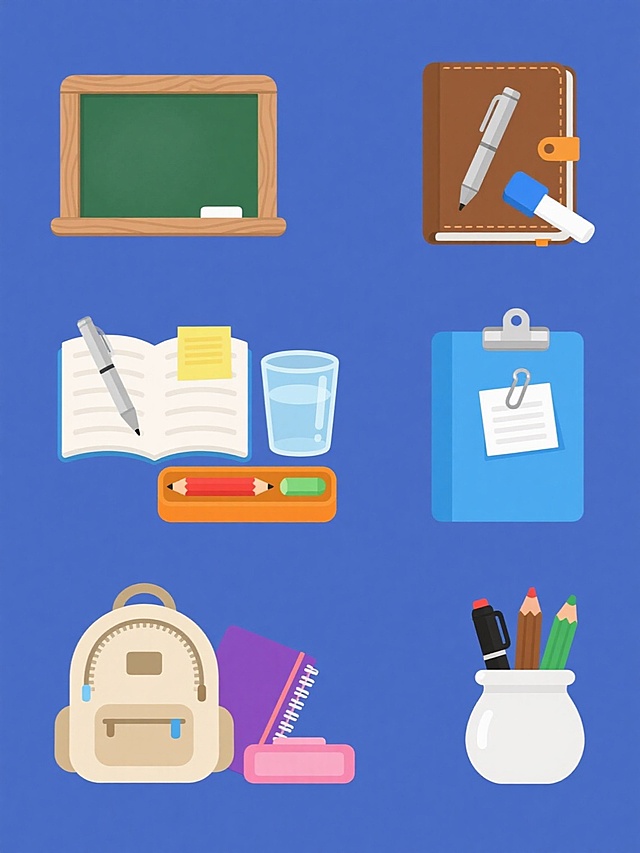 一套6个不同内容的教育主题矢量素材集合，每个素材均为规整排布的物品组合，保持统一的简约矢量风格和纯色背景。第一个素材：木质边框绿色黑板，右下角放置蓝色板擦和白色粉笔；第二个素材：棕色皮质笔记本，翻开的页面上放着一支银色钢笔和黄色便利贴；第三个素材：透明玻璃水杯，旁边是橙色铅笔盒，盒内露出红色铅笔和绿色橡皮；第四个素材：蓝色硬壳文件夹，上面压着银色回形针和白色便签纸；第五个素材：米色帆布书包，拉链部分打开，露出紫色笔记本和粉色文具盒；第六个素材：白色陶瓷笔筒，内插黑色马克笔、棕色蜡笔和绿色水彩笔。所有元素边缘平滑，色彩明快且区分度高，背景为不同纯色，整体布局对称平衡，适合教育相关设计使用。