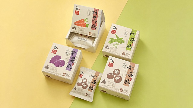 按照图2的产品排列方式（三个盒子加一个独立包装袋的错落摆放布局，其中一个盒子打开露出内袋），将所有包装内容替换为图1的蔬菜脆小盒子样式（胡萝卜脆、秋葵脆、紫薯脆、香菇脆四款包装图案文字严格保持图1原样），去掉图1中的红色大盒子，背景改为黄绿色拼色的简约纯色背景，高级商业产品摄影风格，光影柔和自然，画面干净整洁，16:9比例