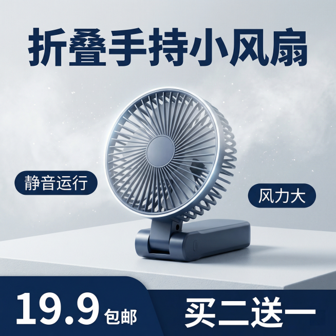 [主图 1] 折叠手持小风扇促销首图
[氛围风格] 淘宝电商风，吸引眼球，高对比冷色调科技质感
[画面元素] 商业摄影质感，光线柔和通透，产品清晰真实，画面干净高级。折叠手持小风扇居中倾斜放置在极简浅预览效果