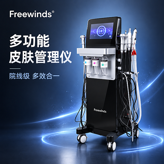 [主图-1] 商品识别与核心利益，展示Freewinds多功能皮肤管理综合仪完整外观与品牌识别。
[统一基调] 科技医美风，深灰蓝渐变背景，冷调科技光效，主标题白色粗体无衬线字，辅助字浅灰蓝色，强调色科技蓝紫光，圆角卡片与细线条图标，整体专业高端院线感。
[画面] 产品居中偏右，正面微侧30度视角，完整展示黑色立式机身、顶部触控屏幕、中部操作手柄挂架、三个透明溶液瓶、底部Freewinds品牌Logo与万向轮，产品占画面约65%。背景为深灰到深蓝的径向渐变，产品周围有淡蓝色科技光晕和细微粒子光效，左上角放置Freewinds品牌Logo。产品底部有柔和接触阴影，自然悬浮于背景之上，无悬浮感。
[光影质感] 商业摄影棚拍质感，主光从左上方45度打下，机身黑色烤漆有细腻高光反射，屏幕有微弱环境反光，金属部件有冷调银色光泽，整体光影干净利落。
[配色] 背景深灰蓝渐变，主标题白色，辅助文字浅灰蓝，强调光效科技蓝紫，产品保持原图黑色机身与银色部件本色。
[文字版式] 左上角Freewinds品牌Logo。左侧负空间竖排主标题「多功能皮肤管理仪」，下方小字副标题「院线级 多效合一」。文字不遮挡产品主体，字体为现代无衬线粗体，字号层级分明。
[输出要求] 1:1正方形2048px，产品清晰不变形，文字清晰可读，无水印无平台Logo，无多余杂物，画面干净专业。禁止产品变形、错字、模糊、杂乱背景、淘宝天猫平台Logo。