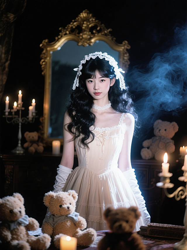 身着浅色洛丽塔裙、头戴白色花边发带，黑色大波浪卷发，佩戴白色长手套；身处充满复古感的场景，周围有多个小熊玩偶，背景有金色雕花镜子、燃烧的烛台，还弥漫着烟雾