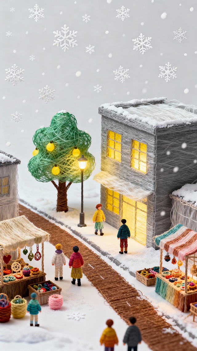 雪花纷飞中，街道旁装饰着亮灯的树，建筑灯火璀璨，道路两侧有很多摊位卖手工艺品，行人走在路上