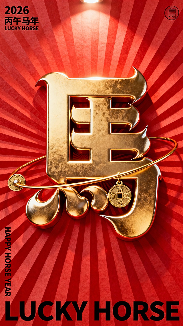 核心汉字：画面中央为一个巨大的3D金属质感“馬”字，髭文字，笔画极粗非常厚实饱满,笔画大体走势是黑体字（横平竖直),笔画非常粗,粗笔画之间相互堆叠交织缠绕,相互融合的形成紧密的夸张块面感,在抽象化处理下,整体看上去更像是一个复杂的符号图案,厚重流畅的曲线,所有笔画都采用极为宽阔的粗体块状,流动感强,笔画转折处圆润,线条呈现出 卷曲,波浪状,带有刀锋般的锐利收尾,整体风格类似涂鸦风格,字体有肌理感，既有现代抽象的装饰性又有力度,采用艺术变形书法字体。辅助文字：左上角包含数字“2026”及汉字“丙午马年”、“LUCKY HORSE；左下角为英文“HAPPY HORSE YEAR”；底部为醒目的粗体大字“LUCKY HORSE”。排版布局：采用中心放射状构图。主字居中，四周分布说明性小字和品牌Logo（右上角圆形印章），背景辅以细密的放射状线条，增强视觉汇聚感。【画面细节与材质】材质纹理：中心“馬”字具有极高的抛光金色金属材质，反射出明亮的光泽，边缘圆润且富有厚度。背景为纯正的中国红，带有细腻的哑光纸张纹理。元素互动：一个精细的金色圆环环绕在“馬”字周围，圆环上穿有一枚中国传统金币（古钱币），呈现出类似行星轨道的动态感。背景细节：背景由密集的红色放射线组成，形成一种向中心塌陷或向外喷薄的空间深度感。【光影渲染】光源与渲染：采用3D艺术渲染风格。主光源来自上方，为金属字体营造出强烈的高光点和深邃的暗部阴影，增强立体感。色彩调性：高饱和度的红金配色，色彩对比鲜明，呈现出一种结合了传统生肖文化与现代波普艺术的国潮视觉风格。生4张