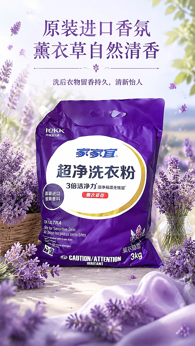 [第4屏] 薰衣草香氛卖点展示，介绍原装进口香氛香料特点，本屏使用【图1】作为产品主体。
[氛围/风格] 浪漫清新自然风，舒缓愉悦，突出香氛氛围。
[元素布局] 产品居中放置，周围环绕真实薰衣草花束点缀，背景营造自然清新的氛围，产品包装文字和颜色与输入图一致。
[光影质感] 柔和自然光，花香氛围自然柔和，产品清晰突出。
[配色色系] 全局底色 #FAF5FF，主色紫色产品，辅助色淡紫色薰衣草花，浅绿枝叶点缀。
[视角构图] 中心产品构图，周围花草环绕，浪漫氛围感，阅读动线从上到下。
[文字版式] 顶部主标题「原装进口香氛 薰衣草自然清香」，下方副标题「洗后衣物留香持久，清新怡人」，文字居中排列，不遮挡产品，字体柔美贴合香氛主题。
[比例分辨率] 9:16竖版比例，4K分辨率，高清画质，文字清晰。
[负向提示词] 产品变形，文字错乱，配色杂乱，过度渲染，水印，虚假宣传