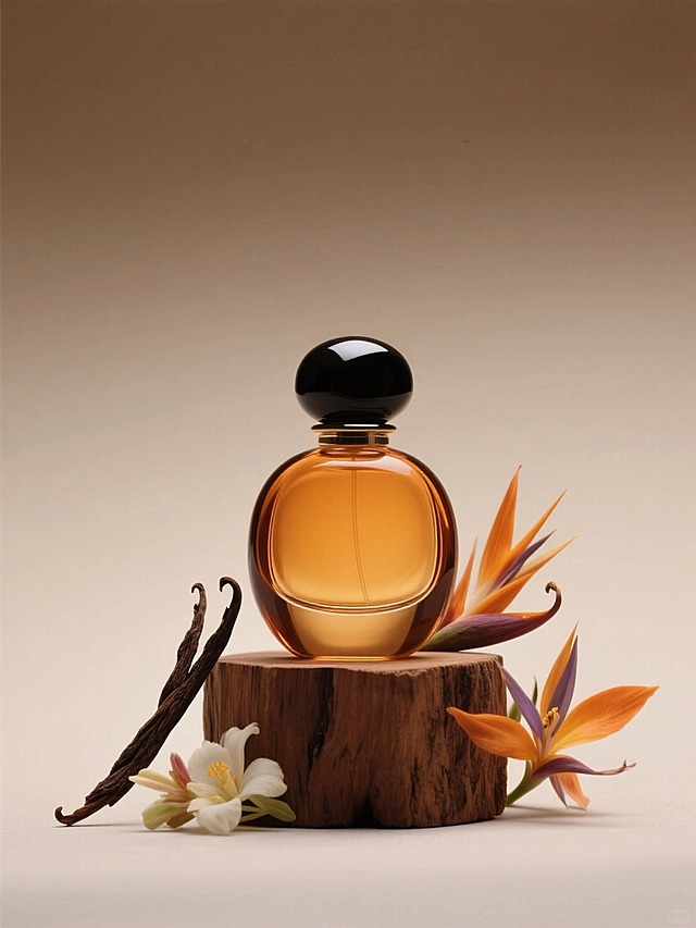 琥珀色香水特写，放在圆润的棕色原木块上，环绕着异国情调的香草和鲜花，背景是柔和的棕色渐变背景