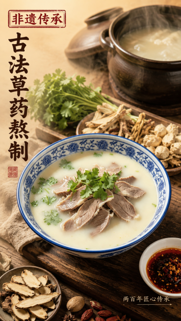 [主图-2] 威远羊肉汤非遗传承核心亮点图；[氛围风格] 温暖治愈风，传统手工质感；[画质] 商业美食摄影质感，光线柔和通透，产品清晰真实，画面干净高级，充满食欲；[元素] 保持威远羊肉汤产品外观、肉预览效果
