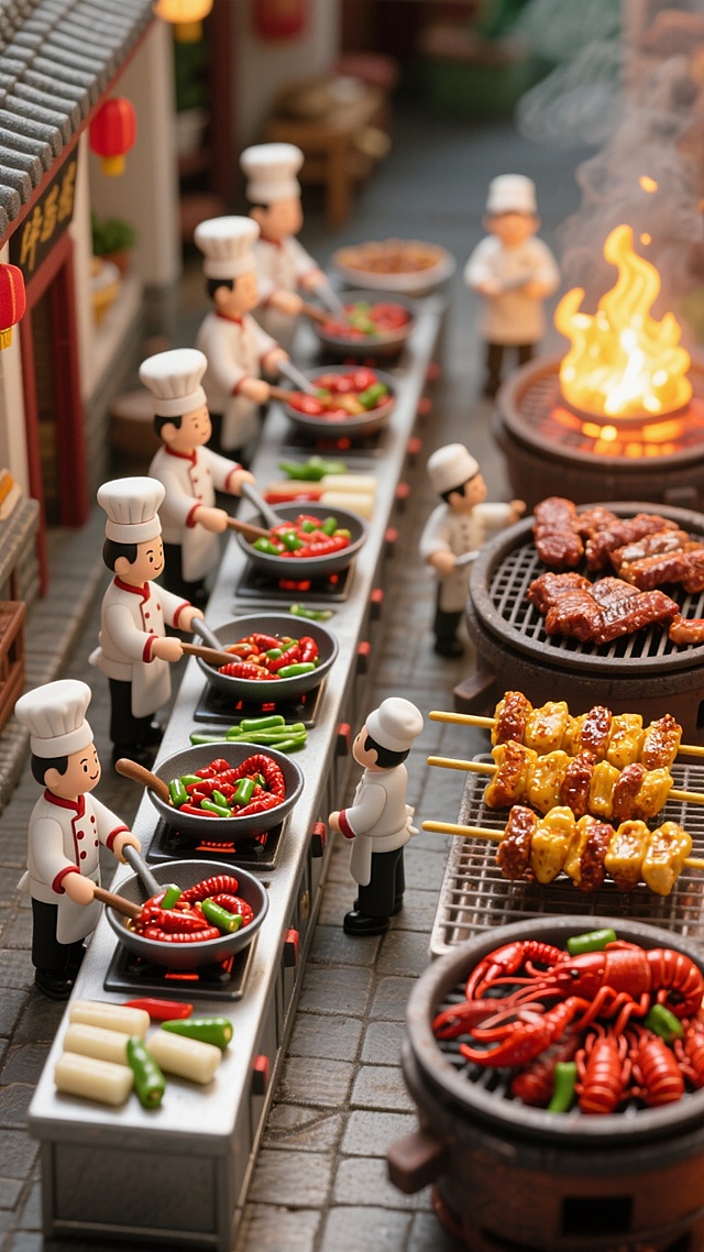 中式感卡通厨师，微缩艺术风展现热闹街市，生动趣味。