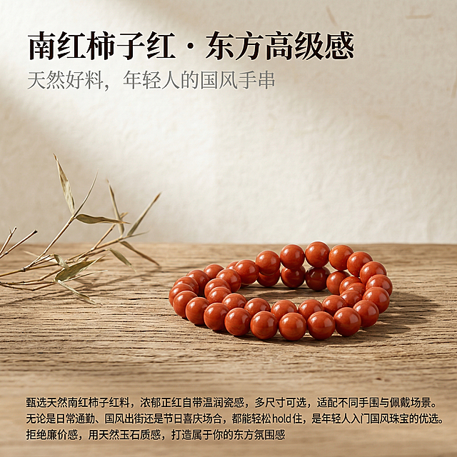 [主图 1 首屏海报]
[主图主题] 南红柿子红国风手串首图
[氛围/风格] 东方国风高级感，雅致静谧氛围感，禅意新中式
[画面元素] 天然南红柿子红手串放置在素雅木纹台面上，手串自然舒展散开，旁边点缀一片干竹枝，背景是浅米麻宣纸质感背景，柔和侧逆光从左上方打来，在手串下方形成自然浅影，凸显南红温润瓷感，整体画面干净高级，突出产品天然玉石质感
[配色色系] 主色调：暖柿子红（手串），辅助色：浅米（背景）、原木棕（台面）、竹影浅灰
[视角构图] 俯视45度拍摄，产品主体占据画面中心区域，景深适中，背景干净留白充足
[文字版式] 主标题“南红柿子红・东方高级感”，使用深色宋体粗体，放置在画面左上角；副标题“天然好料，年轻人的国风手串”，字号比主标题小一半，浅灰色宋体，放在主标题下方；正文文案“甄选天然南红柿子红料，浓郁正红自带温润瓷感，多尺寸可选，适配不同手围与佩戴场景。无论是日常通勤、国风出街还是节日喜庆场合，都能轻松 hold 住，是年轻人入门国风珠宝的优选。拒绝廉价感，用天然玉石质感，打造属于你的东方氛围感”，使用小号黑色无衬线体，分三行排列在画面左下角留白区域，所有文字均悬浮不遮挡产品主体，保持呼吸感
[分辨率] 2k 分辨率