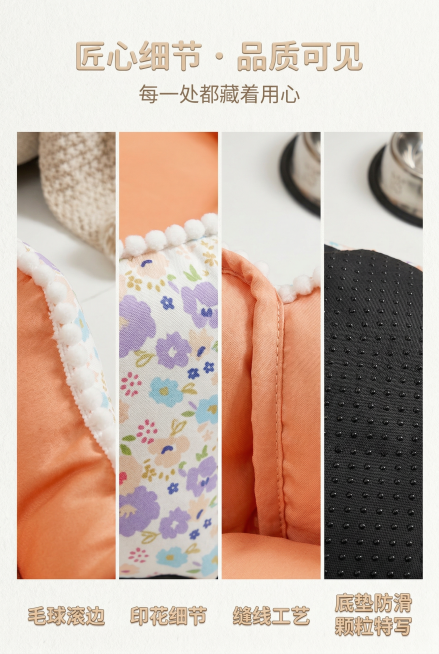 细节工艺展示页，杂志级特写排版。画面分四栏，分别展示嬉引力花瓣边宠物窝的毛球滚边、印花细节、缝线工艺、底垫防滑颗粒特写，严格还原上传的产品图，包括包装设计、颜色、LOGO位置、文字内容、图案元素等所有预览效果