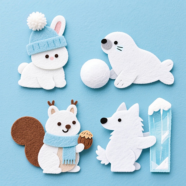 4 个冬季动物元素上下两行对齐，背景换蓝干净底色。元素：戴毛球帽的雪兔、推雪球的海豹、围围巾啃坚果的花栗鼠、倚冰柱的白狼，配色浅蓝 + 雪白，灵动清新。