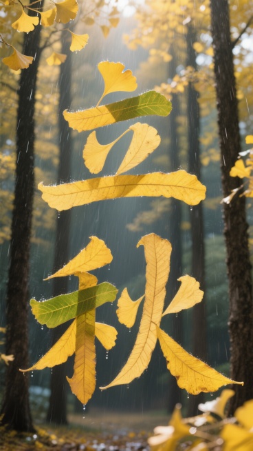 银杏树叶组成了 ”立秋“；背景是温暖高大的银杏树林，阳光洒下，细雨飘飘，中镜头，高质量图片。预览效果