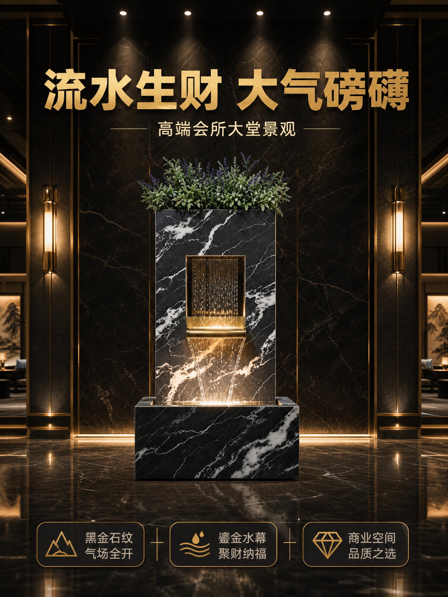 [商品] 使用【图2】黑色大理石纹岩板流水玄关摆件；保留立柱式… - 图片创意预览