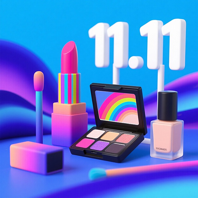 主视觉为口红、眼影、粉底套装，正面视角，旁边摆放着“11.11"立牌，干净的蓝色背景