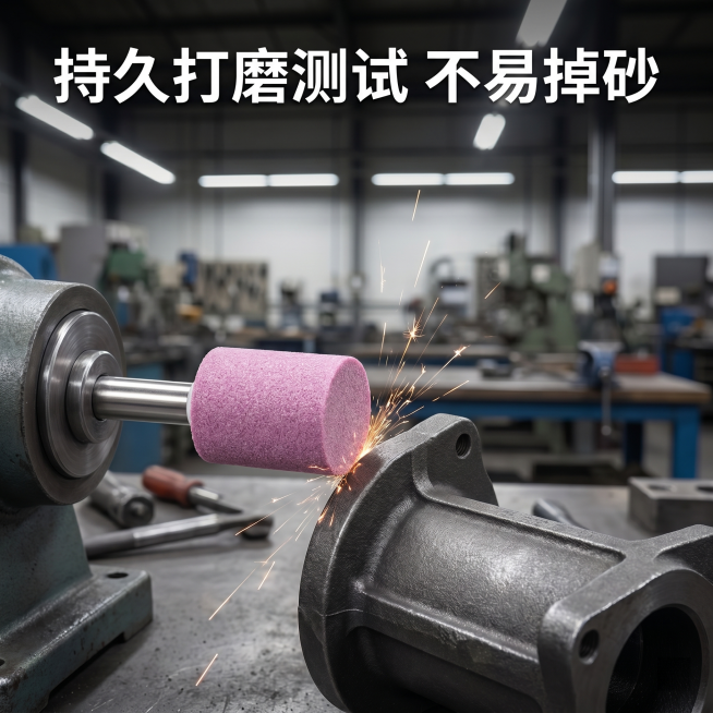 [主图 2] 耐磨测试场景，重新生成真实工厂打磨测试，展示耐用不掉砂卖点。[氛围风格] 真实工厂生产测试场景，B端专业质感。[画质] 高清写实摄影，动态细节清晰。[元素] 砂轮磨头安装在台式打磨机上打预览效果