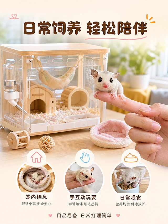 [主图-4] 饲养场景与日常互动，展示蜜袋鼯在家中的真实饲养环境和互动状态，让买家直观想象养蜜袋鼯的日常生活。
[统一基调] 淘宝天猫3:4主图，软萌亲和专业风格；主背景奶油米白+浅暖黄渐变，辅助色浅粉浅蓝，强调色暖橙；圆润粗圆体标题+简洁圆体说明；圆角卡片、线性图标贯穿；文字占比约25%。
[画面] 画面主体是一个温馨的居家桌面饲养场景：浅色木质桌面上摆放着蜜袋鼯饲养笼（透明+木质结构）、小窝、食盆、饮水器、玩具等用品，蜜袋鼯幼崽（外观与参考图一致）站在笼外的主人手指上，好奇地张望，体型小巧对比明显。背景是虚化的客厅窗台，有柔和自然光和绿植一角。画面下方有3个小圆形场景图标，分别标注「笼内栖息」「手互动玩耍」「日常喂食」，每个图标下配一行小字说明。
[光影质感] 自然窗光从侧上方照射，桌面物品有柔和阴影，蜜袋鼯毛发蓬松通透，整体明亮温馨，生活化宠物摄影质感。
[配色] 主背景奶油米白+浅暖黄渐变，标题深棕咖色，辅助文字暖灰，图标底色白色半透明，图标线条用浅粉、浅蓝、暖橙，保持统一色板。
[文字版式] 顶部大标题「日常饲养 轻松陪伴」居中；下方三小圆图标等距横排，图标在上、名称在下；底部小字一行「用品易备 日常打理简单」。所有文字横排圆润字体，不遮挡宠物主体。
[输出要求] 3:4竖版，2K高清，宠物清晰毛发分明，场景真实自然，文字清晰；禁止变形、错字、模糊、水印、平台Logo、宠物表情怪异、手部畸形。